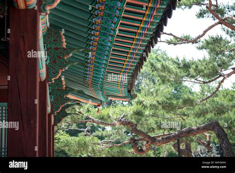 Traditional Korea Roof Decoration Blue Sky And Colorful Structures