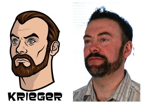 A Man With A Beard Is Next To A Cartoon Drawing Of His Character Krieger