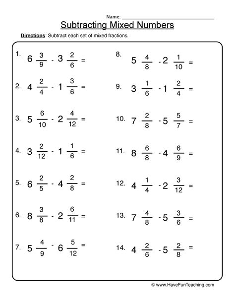 Subtraction Mixed Numbers Like Denominators 4th Grade Worksheet