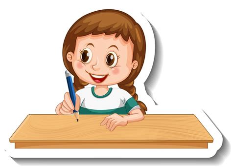 Sticker Template With A Girl Writing On The Table Cartoon Character