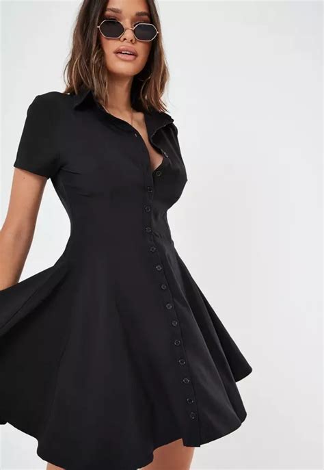 Missguided Black Button Down Short Sleeve Shirt Dress In 2020 Short