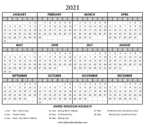 2021 Calendar With Holidays Uk Calendar Template Printable