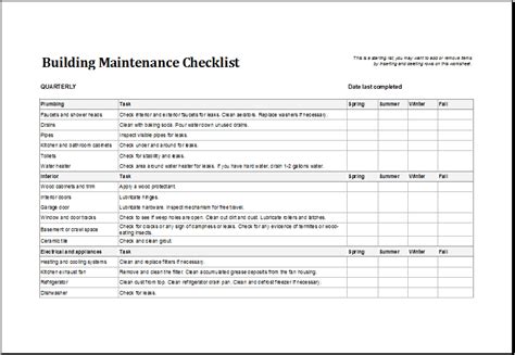 The goal of a successful preventive maintenance program is to establish consistent practices designed to improve the performance and safety of the equipment at your property. 7+ Facility Maintenance Checklist Templates - Excel Templates