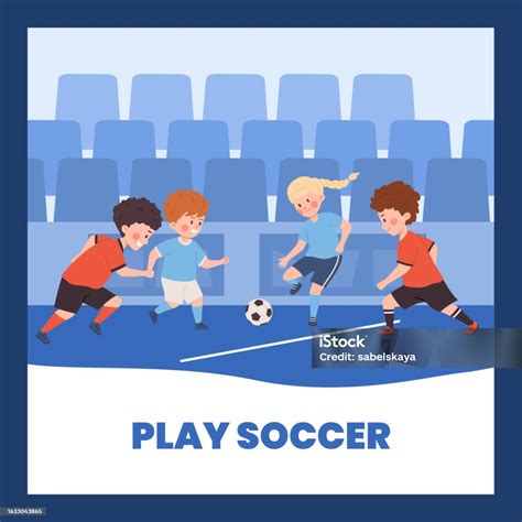 Boys And Girl Playing Soccer Poster With Text Flat Vector Illustration