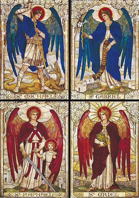 Four Stained Glass Panels Depicting Angels With Wings And The Names Of Their Respective People