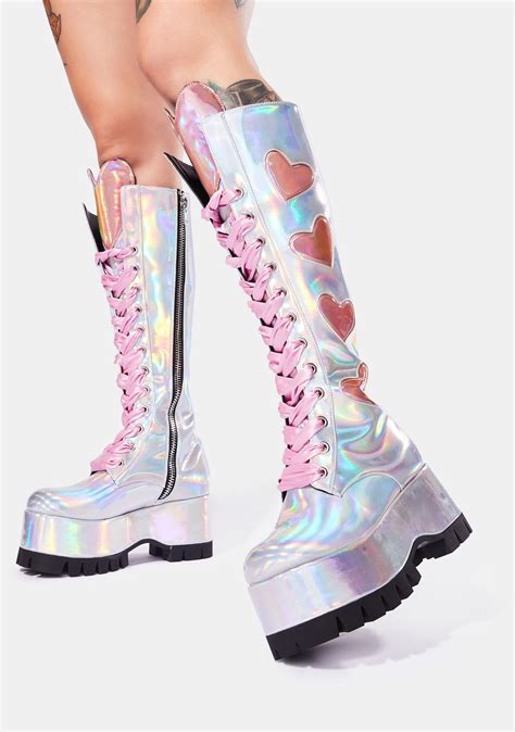 Club Exx Pink Heart Holographic Knee High Platform Boots Silver