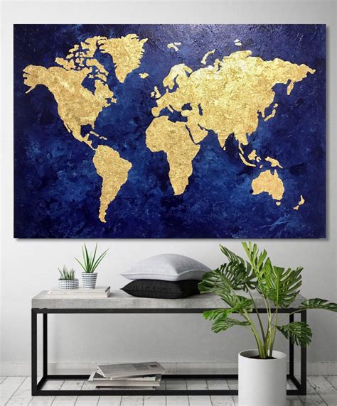 Gold Leaf Painting World Map Canvas Navy Blue Gold World Map Wall Art