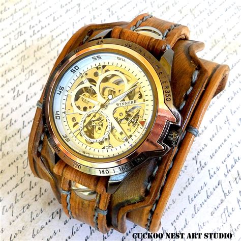 Steampunk Leather Wrist Watch Skeleton Mens Watch Brown
