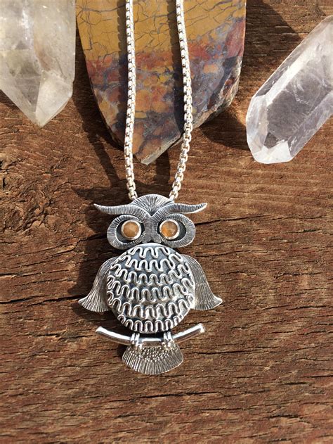 Hand Crafted Silver Owl Necklace Silver Owl With Golden Eyes Sterling