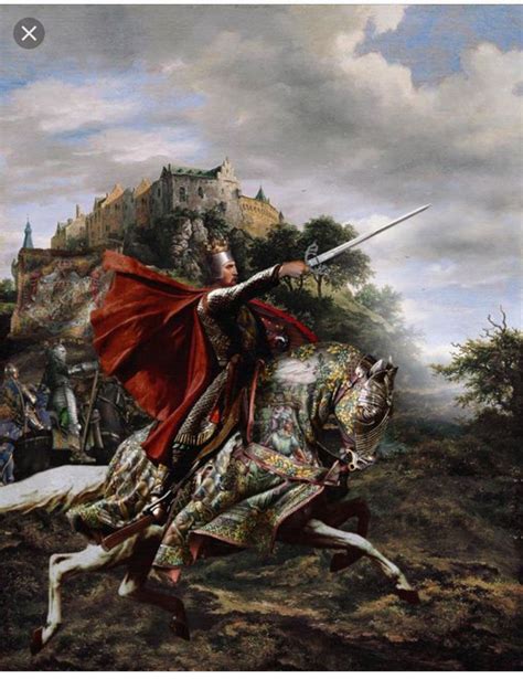 A Painting Of A Man Riding On The Back Of A Horse Next To A Castle