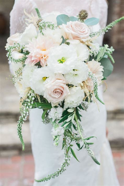 Cascading Peach And White Wedding Bouquet With Hints Of Mint And Forest