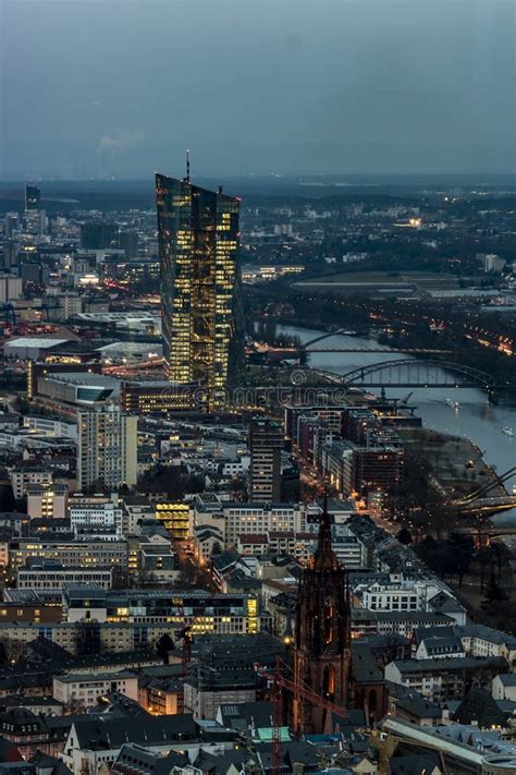 Cityscape Night View Of The Frankfurt Skyline From The Maintower