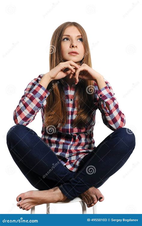 Girl Sits Having Crossed Feet Stock Image Image Of Background