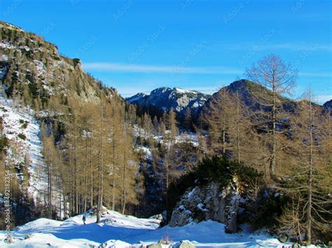 Scenic Winter View Of The Mountains Above Krma Valley In Triglav