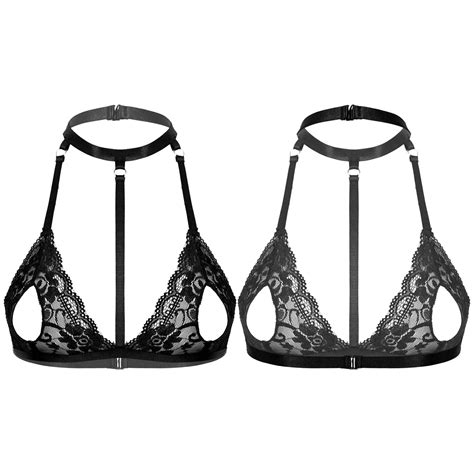 Women S Lace Bra See Through Lace Unlined Wireless Bra Tops Ladies Halter Neck Strappy Hollow
