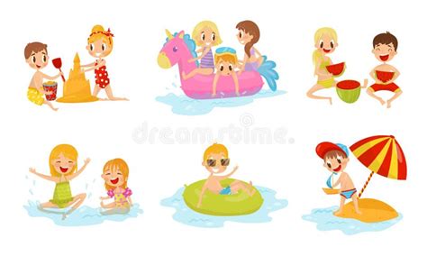 Children Having Vacation At Sea Kids Characters Enjoying Summer Vector