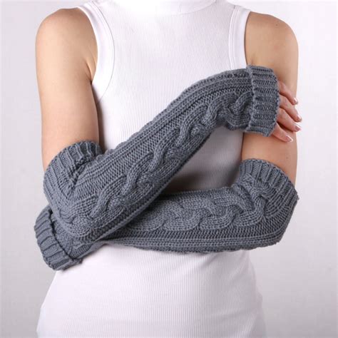 Long Arm Warmers Grey Fingerless Gloves With Braids Womens Arm