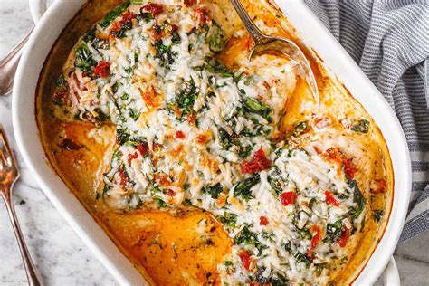 creamy chicken breast bake recipe with spinach and sun dried tomatoes chicken breast bake