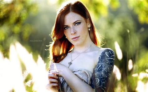 Wallpaper Sunlight Redhead Model Long Hair Looking At Viewer Dress Tattoo Freckles