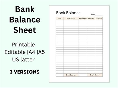 Bank Balance Sheet Printable Banking Record Bank Account - Etsy