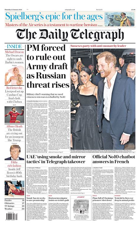 Daily Telegraph Front Page Th Of January Tomorrow S Papers Today