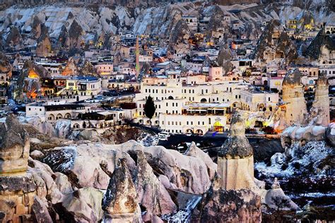 Town Of Goreme Sits Amid Eroded Hoodoo Fairy Chimneys Cappadocia