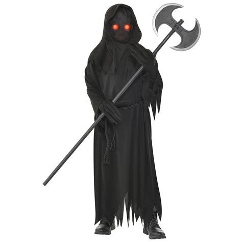 Childs Light Up Eyes Grim Reaper Fancy Dress Halloween Costume Kids