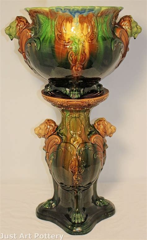Roseville Pottery Blended Majolica Lions Head Jardiniere and Pedestal