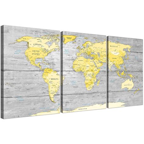 Large Yellow Grey Map Of World Atlas Canvas Wall Art Print Abstract