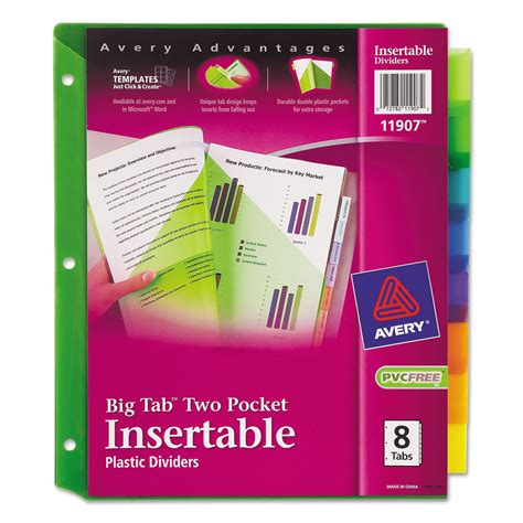 Avery 11907 Two Pocket Insertable Dividers Plastic 8 Tab Multi Color