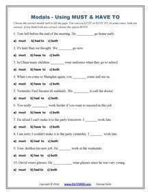 Can, could, may, might, must, have to, shall, should, will, would. Modal Verbs, Printable modals exercises and worksheets ...