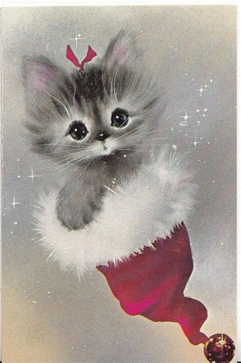 Vintage Original Greeting Card Adorable Little Kitty Cat In Santa Hat