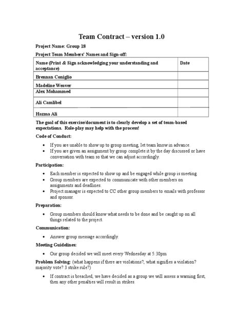 Team Contract Project Management Pdf