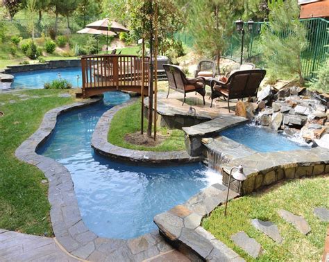 Small Backyard Lazy River Pool Design With Stone Liner And Lounge Area