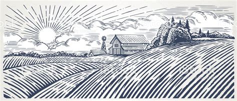 Rural Landscape With A Farm In Engraving Style Hand Drawn And