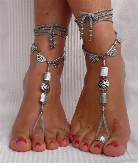 Silver Ethnic Barefoot Sandals Light Grey Foot By Panoparatanto