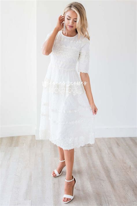 White Floral Lace Modest Church Dress Modest Bridesmaids Dresses Neesees Dresses