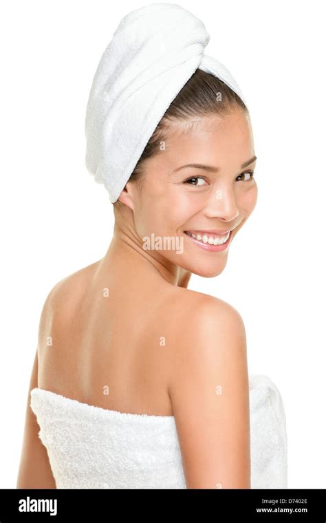 Spa Beauty Treatment Woman Wearing White Towels Happy Smiling Multi Racial Asian Caucasian