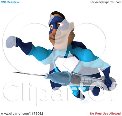 Clipart Of A 3d Black Super Hero Man In A Blue Costume Flying With A