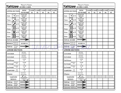 Printable Yahtzee Cards