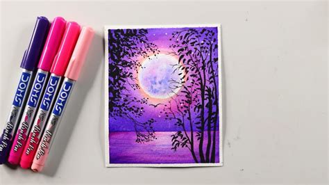 Beautiful Moonlight Scenery Painting With Doms Brush Pen Easy Oil