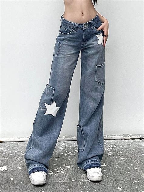 Y2k Streetwear Star Print Low Rise Flared Jeans Casual Outfits Low