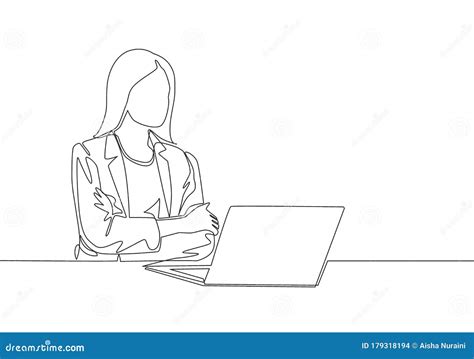 Single Continuous Line Drawing Of Young Female Manager Sitting Calmly