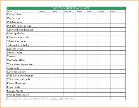 Excel Chore Chart Template Business