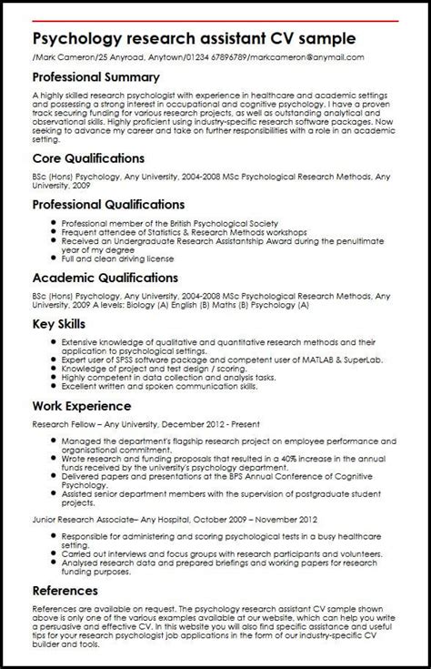In the united states, the curriculum vitae is used almost exclusively when one is pursuing an academic job. Psychology research assistant CV sample - MyPerfectCV
