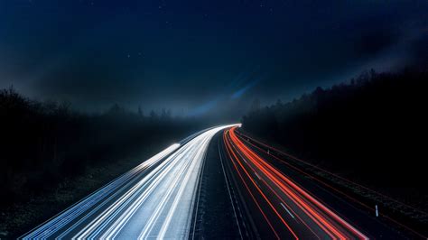 Asphalt Dark Freeway Lights Sky Night Motion Blur Road Stars