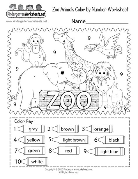 Free Printable Zoo Animals Color by Number Worksheet