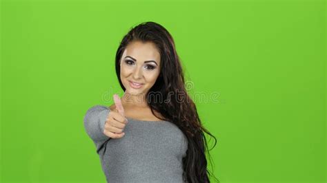 Girl Shows Gesture All Right Thumbs Up Green Screen Stock Footage Video Of Face Pleased