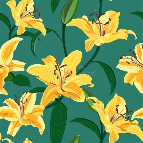 Lily Flower Seamless Pattern On Green Background Yellow Lily Floral