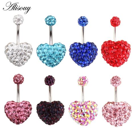 Heart Double Side Belly Piercing Rings Surgical Steel Crystal Disco